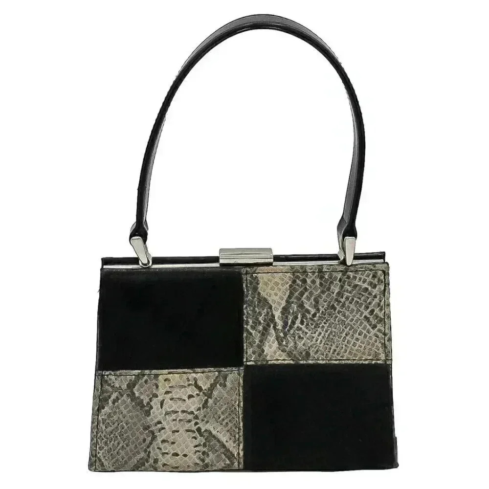 90s y2k Black Snake Mini Square Top‎ Handle Handbag Formal Evening Bag Kiss Lock